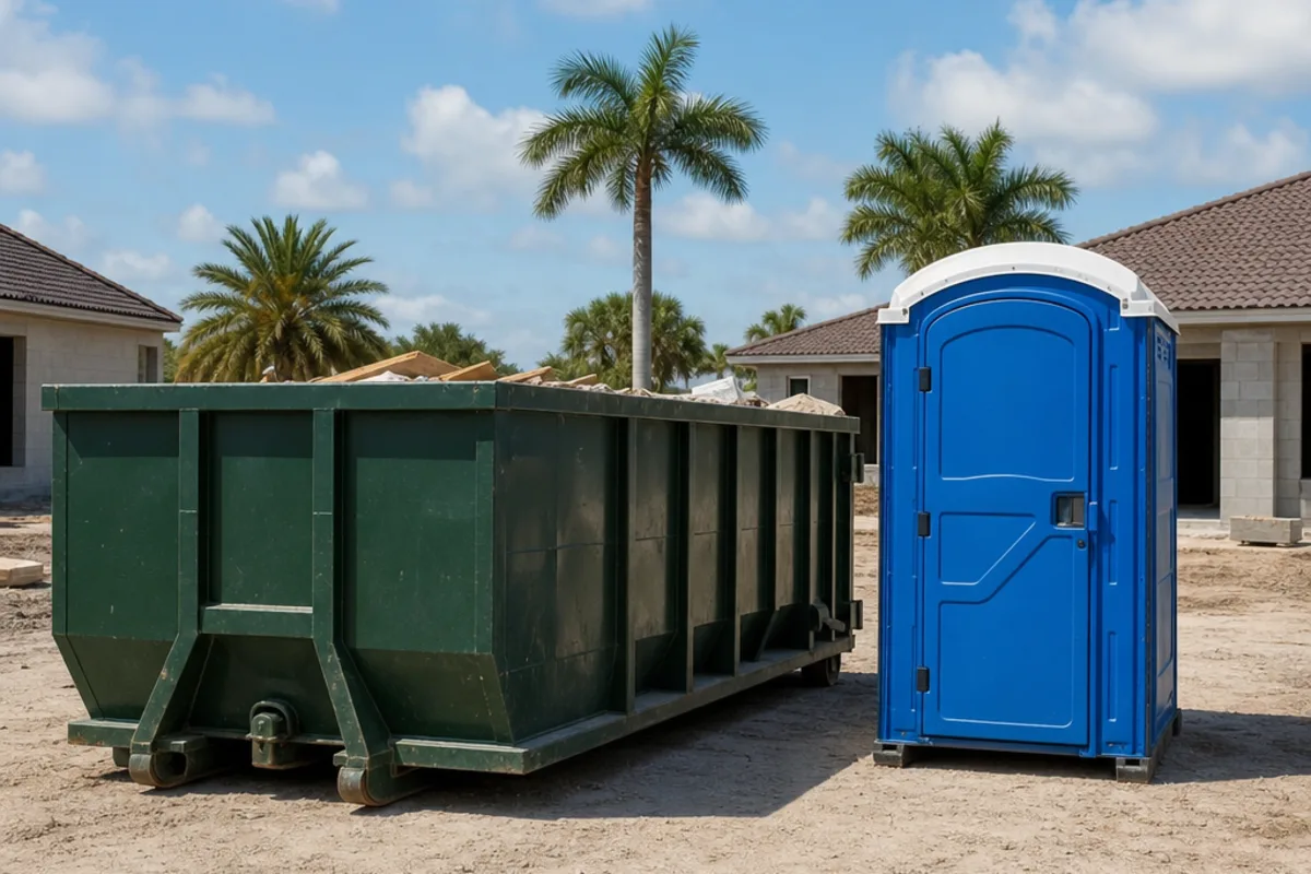 Green roll-off dumpster and blue portable toilet side by side