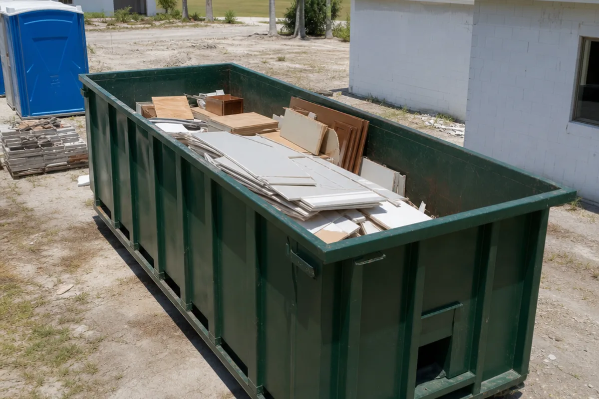 Open dumpster holding drywall cabinets and flooring from renovation work