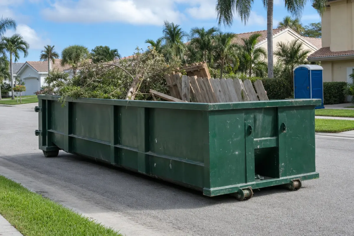Green dumpster filled with branches and fence panels beside a street