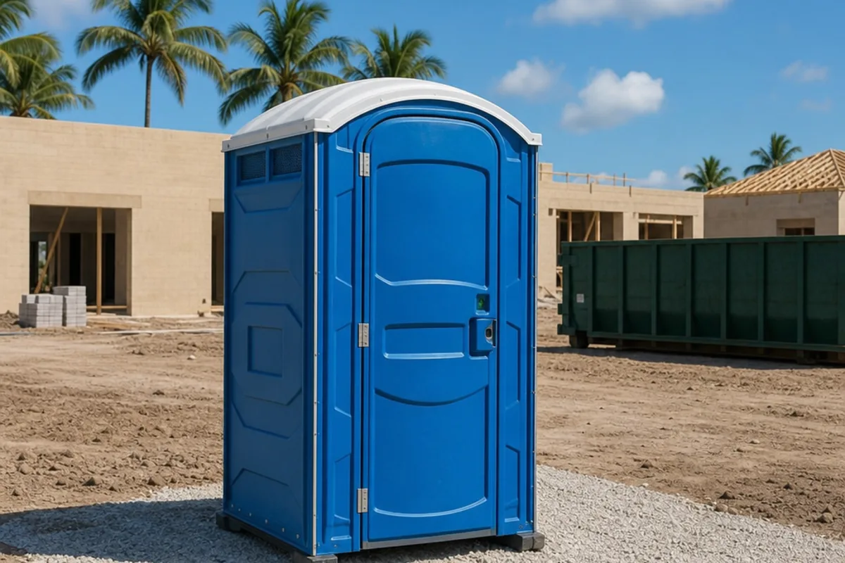 Blue standard portable toilet on a level gravel jobsite pad