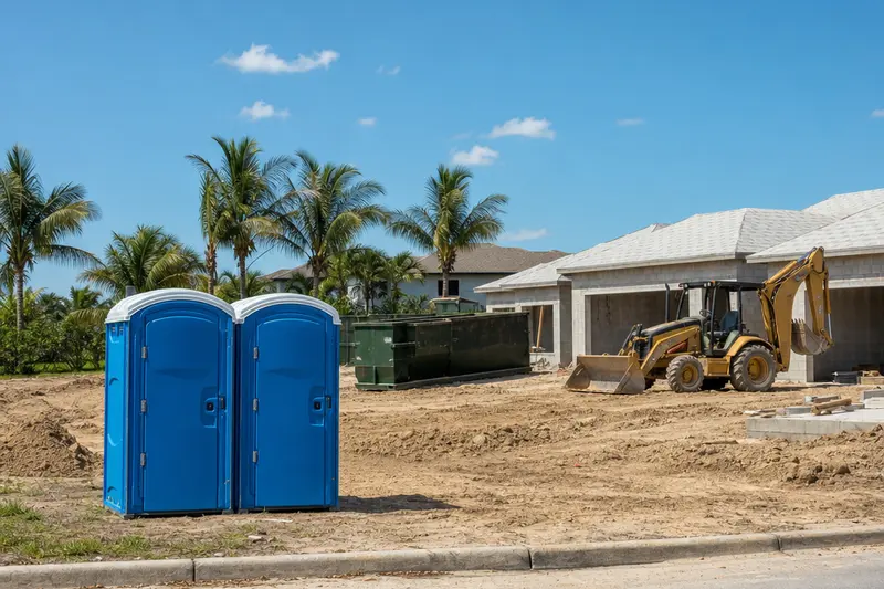 Two blue portable toilets at the edge of a home construction lot