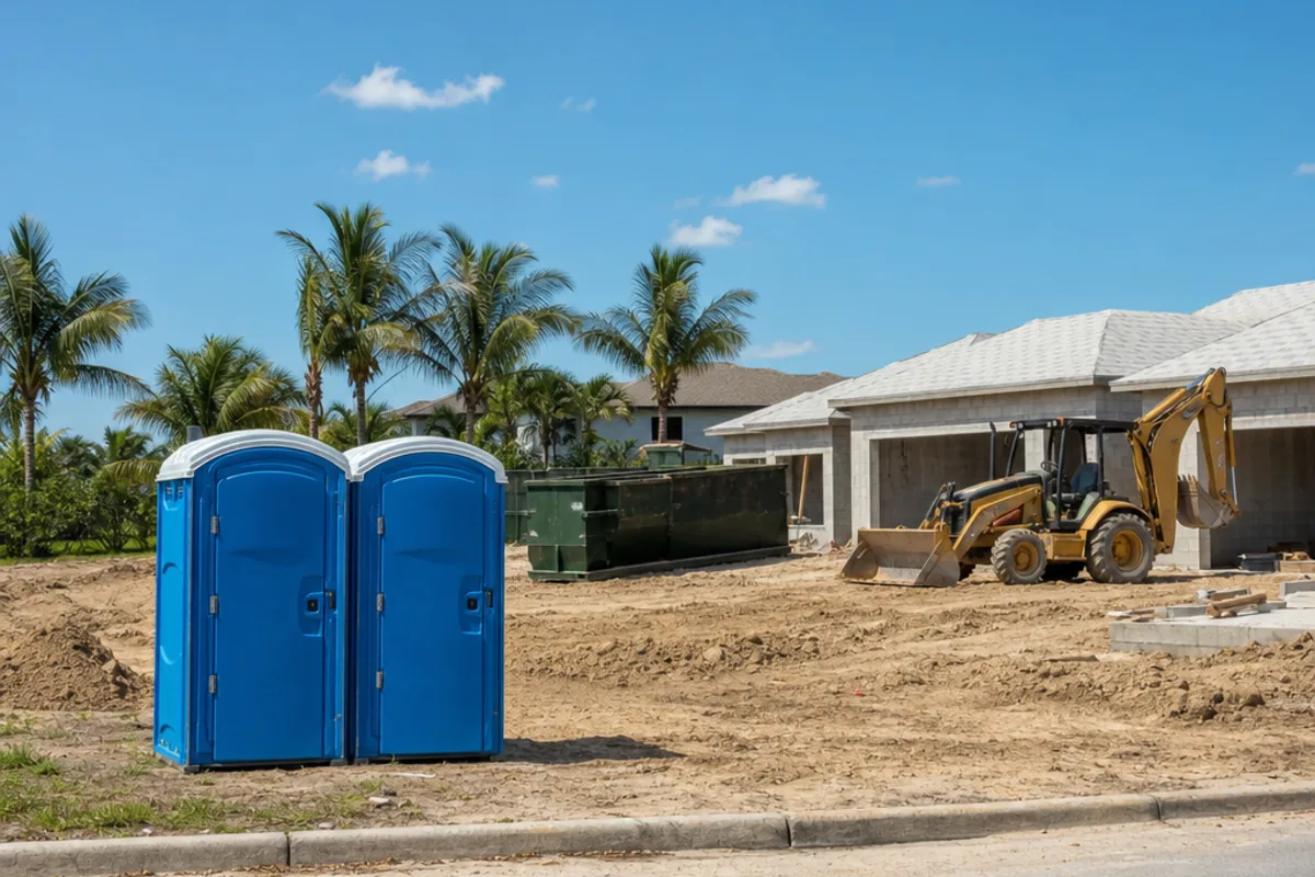 Two blue portable toilets at the edge of a home construction lot