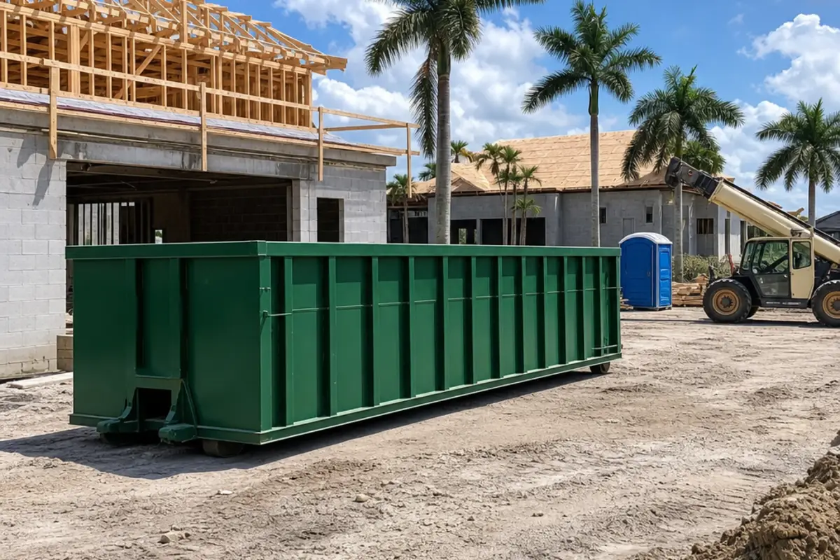 Dark green roll-off dumpster beside framing at a construction site