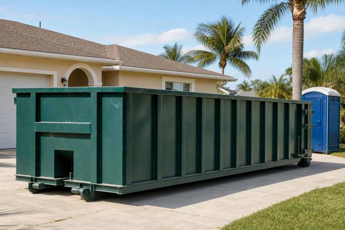 Dark green roll-off dumpster on a concrete residential driveway