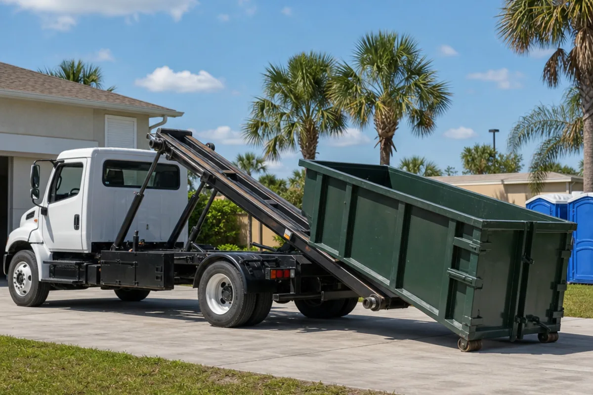 Roll-off truck lowering an empty green dumpster onto a driveway